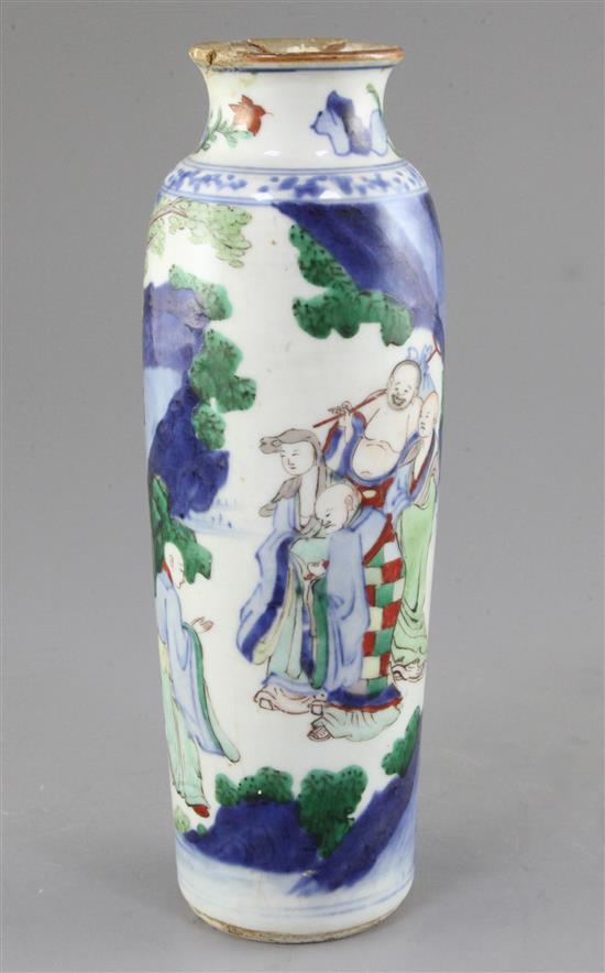 A Chinese wucai slender cylindrical vase and cover, late 17th century, height 24.5cm, old discoloured repairs to rim